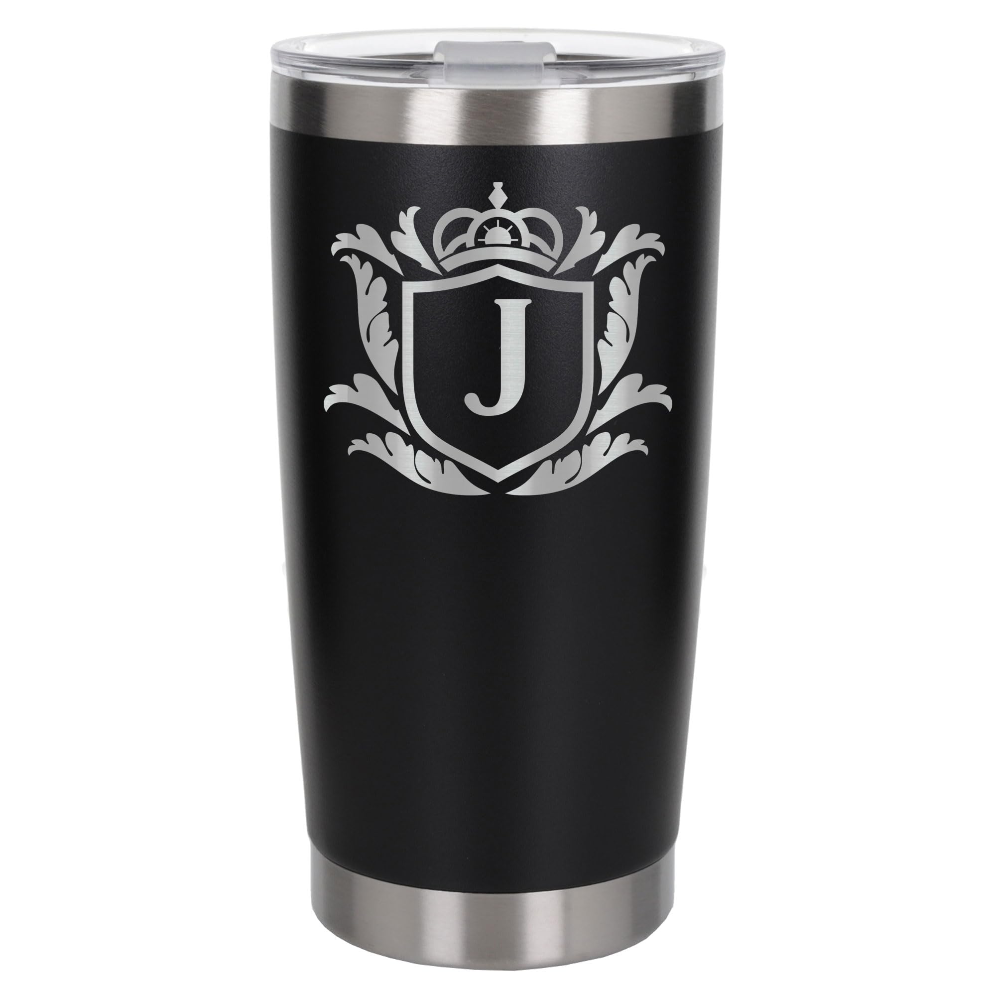 Customised Gifts 500ml Engraved Shield Initial Monogram Insulated Personalised Black Travel Mug for Men and Women - Personalised Initial Coffee Travel Mug for Hot and Cold Beverages, Letter J
