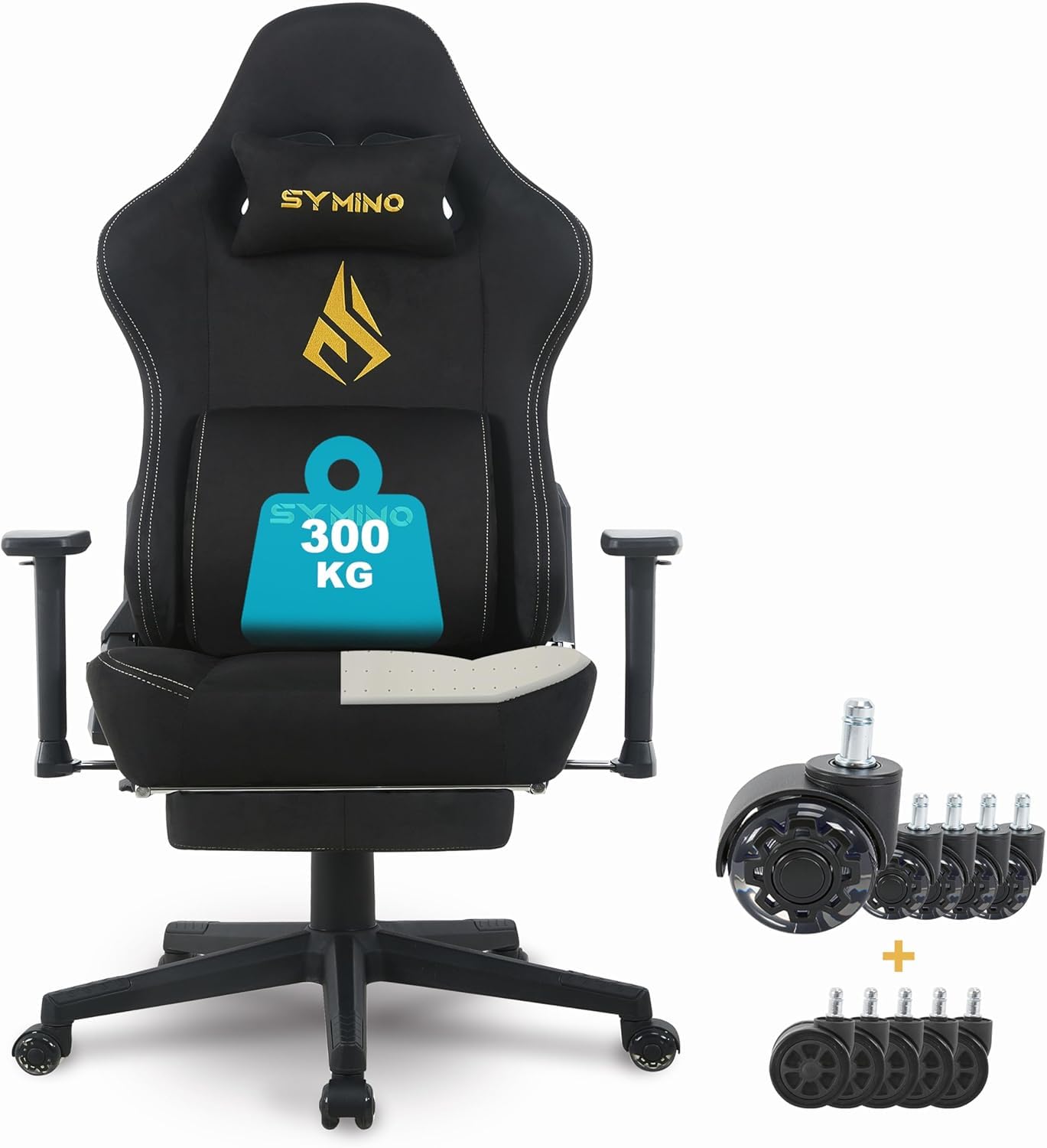 Symino Silla Gaming Ergonómica con Reposapiés, 155° Reclinable: Soporte Lumbar y Reposacabezas Regulable, Ajustable en Altura, Soporta hasta 300kg (Negro)