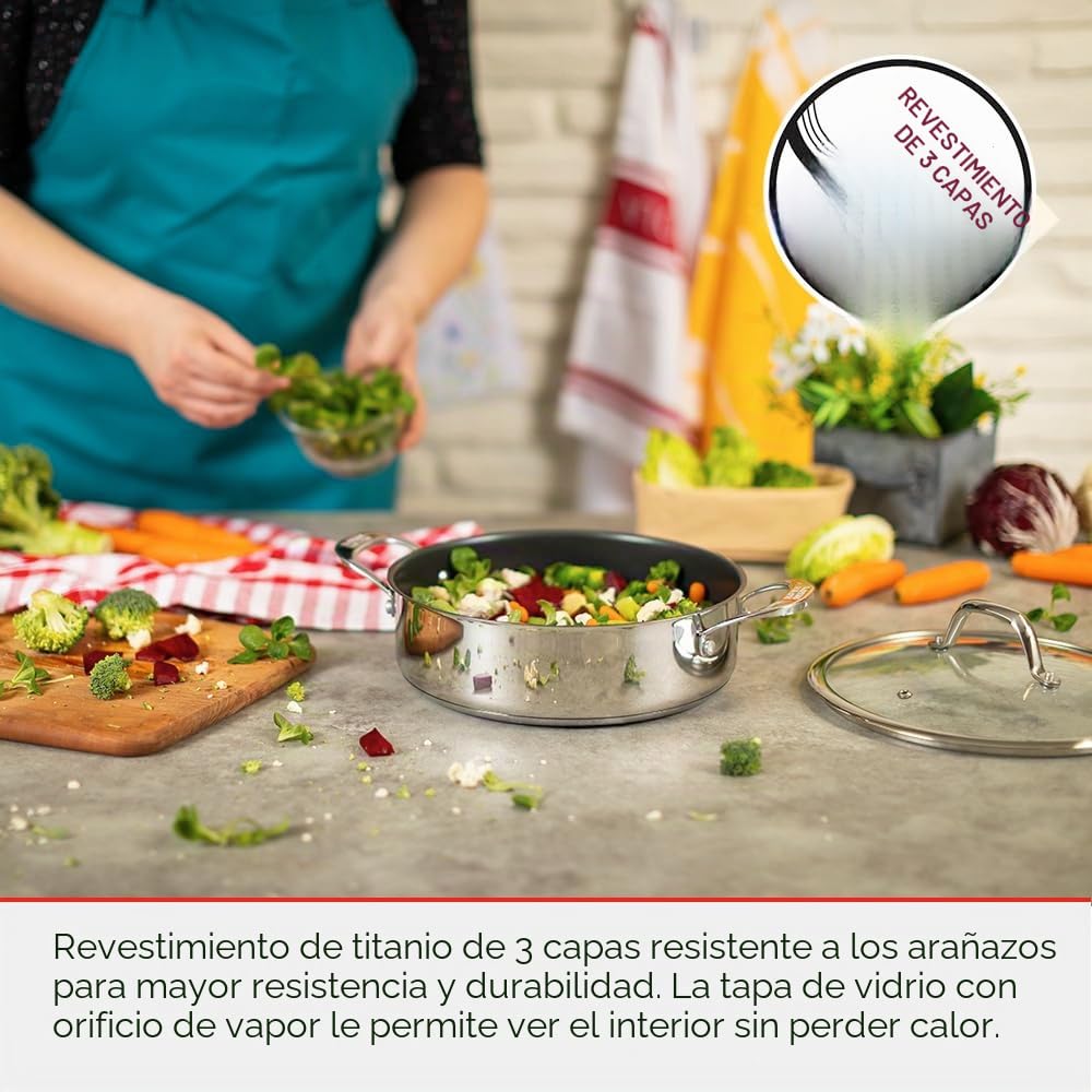 Kuhn Rikon Cacerola Allround 3L/24cm con revestimiento, Asas Frias, Tapa de cristal con Salida de Vapor, Olla de Acero inoxidable 18/10 con Triple Capa de Antiadherente, Apta para Inducción