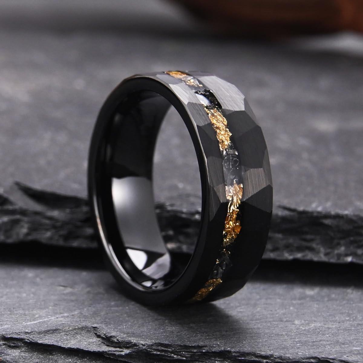 Black Hammered Tungsten Carbide Rings for Men Women 8mm Engagement Wedding Bands Matte Brushed Inlaid Gold Foil Meteorite Fragments Comfortable Fit