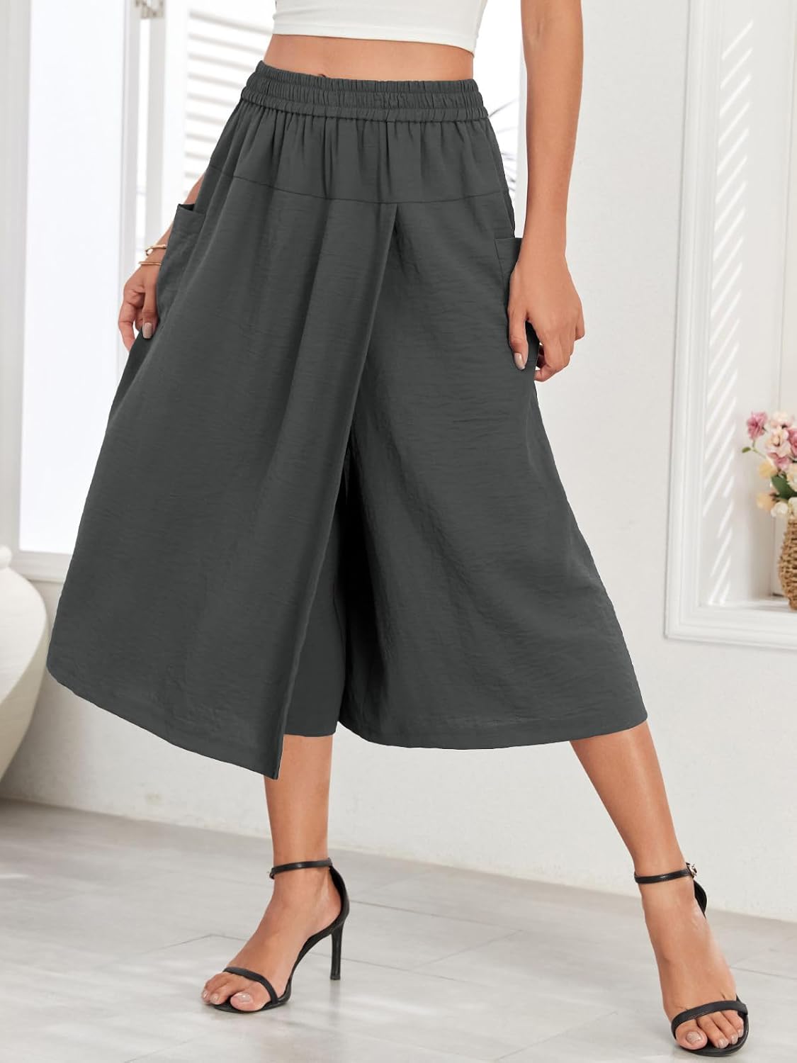Women's High-Waisted Relaxed Fit Capri Culottes Flowy Palazzo Pants with Practical Pockets Skirt Pant, Dark Gray, S - Image 2