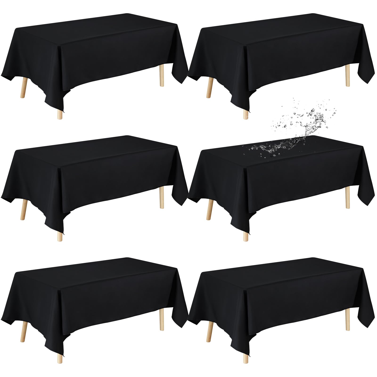 Fixwal 6 Pack Black Washable Polyester Table Cloths, 60 x 102 Inch, Rectangular, for 6 Foot Tables