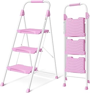 KINGRACK 3 Step Ladder, Sturdy Step Stool with Handrail, Anti-Slip Wide Pedals, Folding Step Stool for Home, Garage, Garden, 900lbs Load Capacity, Pink