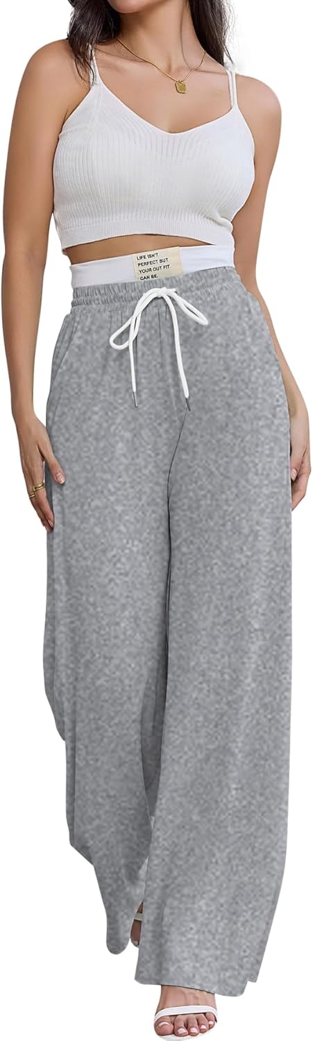 PINSV Womens Sweatpants Wide Leg High Waisted Drawstring Workout Pants Casual Comfy Loose Pants with Pockets Grey L - Image 6