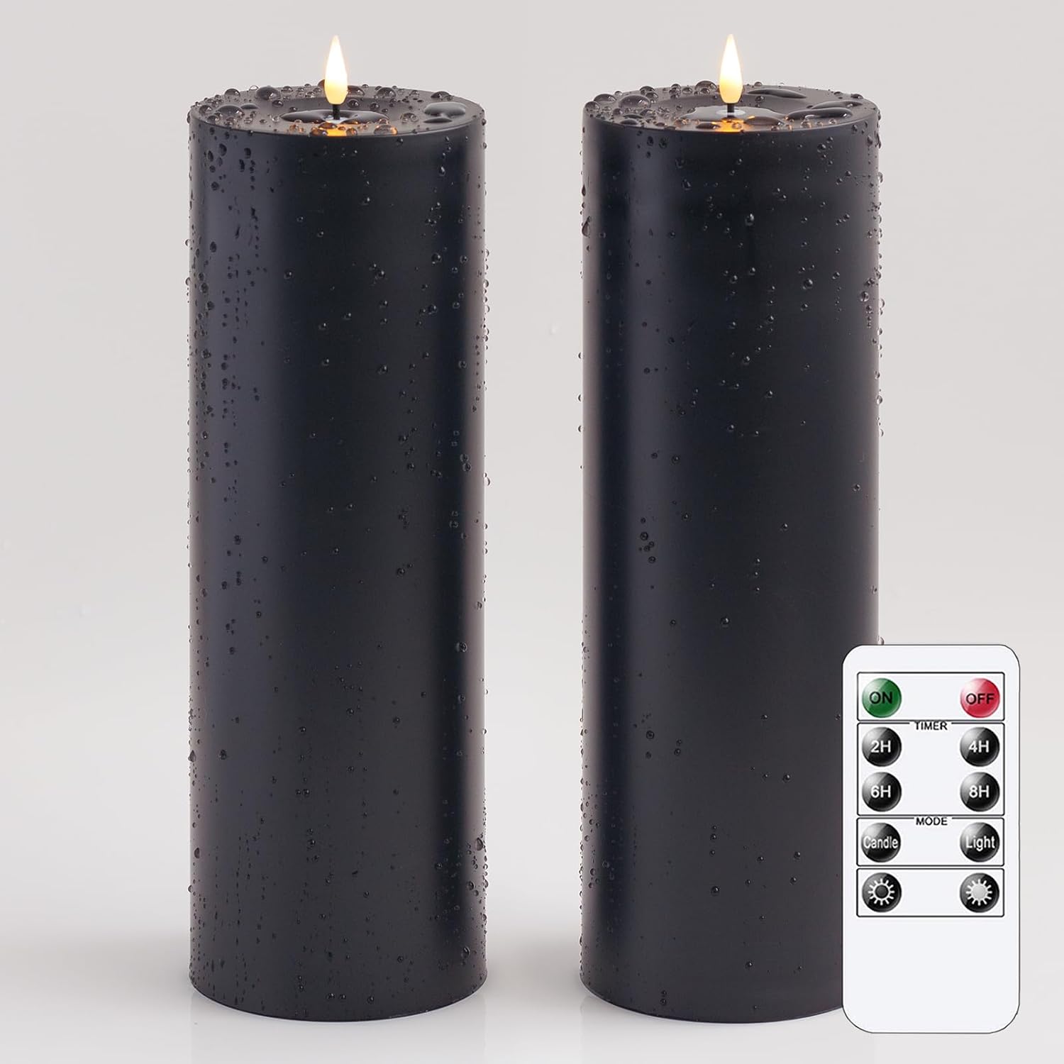 Waterproof 4" x 12" Flameless LED Remote Candles, Battery Operated Flickering Fake Timer Pack of 2 Tall Large Plastic Black Pillar Lasting 420 Hrs Outdoor Candles for Halloween Festival