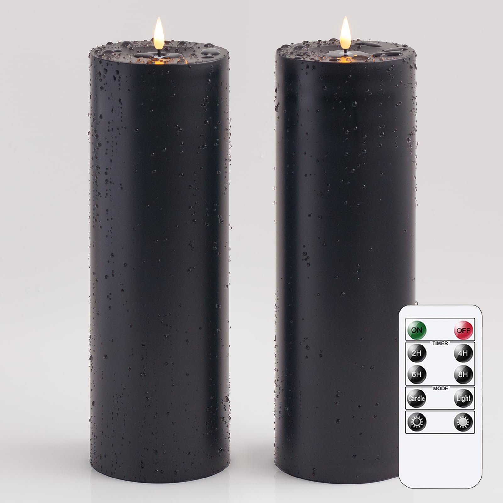 Waterproof 4" x 12" Flameless LED Remote Candles, Battery Operated Flickering Fake Timer Pack of 2 Tall Large Plastic Black Pillar Lasting 420 Hrs Outdoor Candles for Halloween Festival