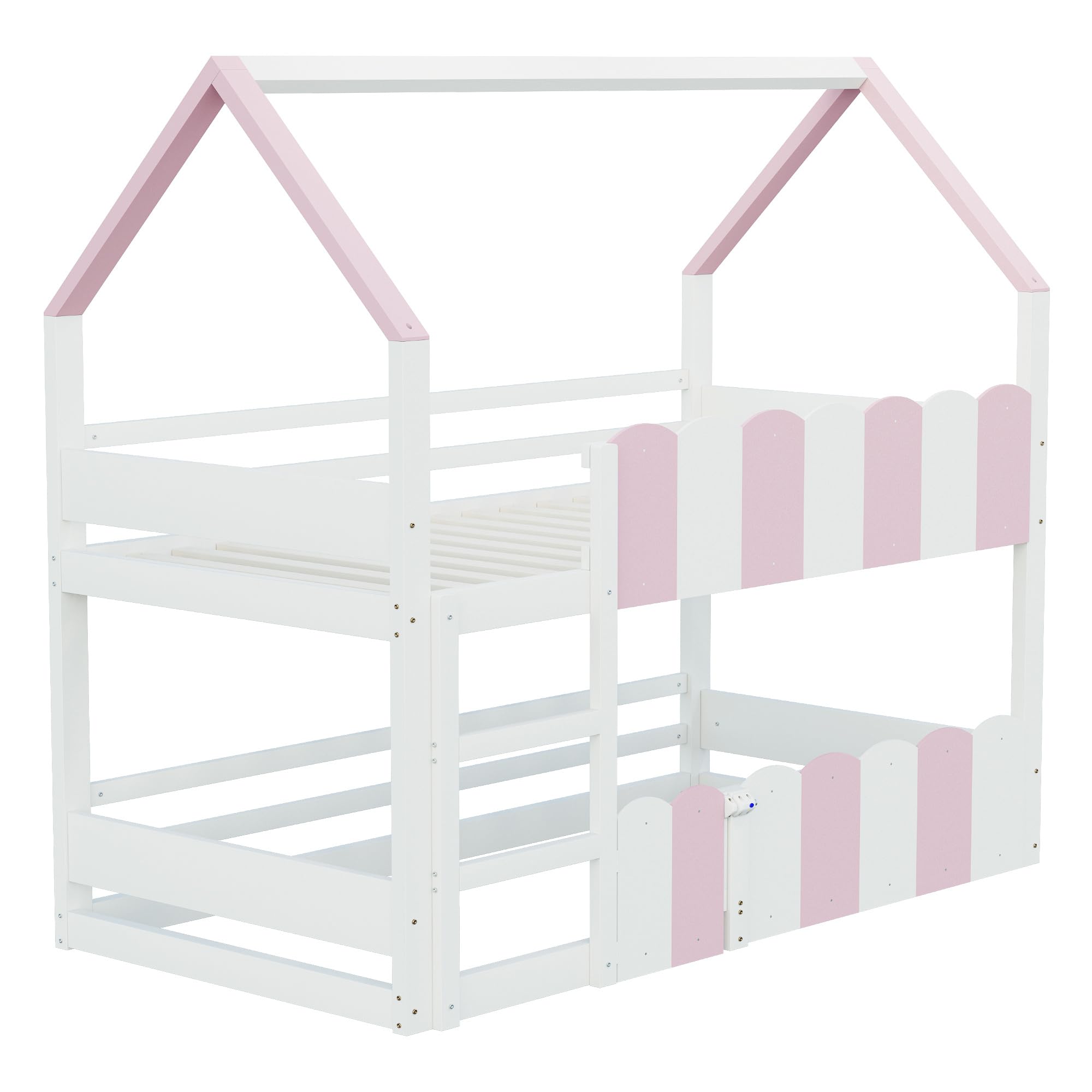 Kinder-Etagenbett 90 * 200 cm, Hausförmiges Design mit erhöhten Sicherheitsgeländern. Das Obere Bett verfügt über Einen Lattenrost. Geeignet für Jungen und Mädchen Rosa