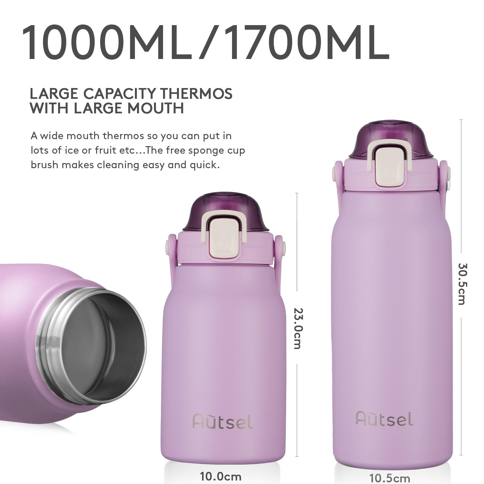 Autsel Borraccia Termica 1 litro Bottiglia Termica Senza Perdite Borraccia Palestra Sportiva in acciaio inox, rimanere fredde 24h o calde 12h, Senza BPA, per Sport, Yoga, Ciclismo