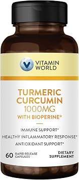 Vitamin World Turmeric Curcumin 1000mg, BioPerine Black Pepper Extract for Better Absorption, 95% Curcuminoids, Turmeric Supplement for Antioxidant & Joint Support, Gluten-Free, 60 Capsules