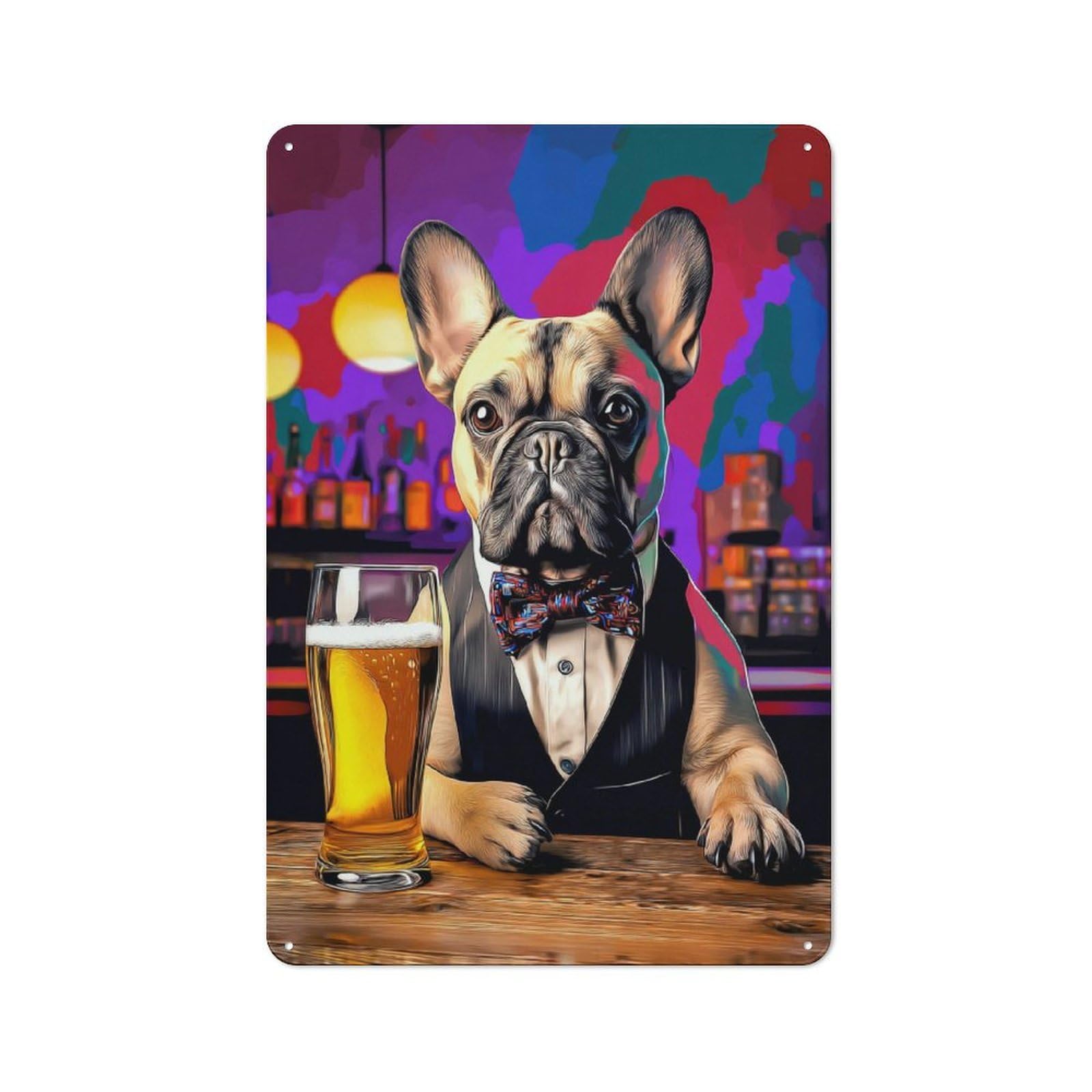 Junmoney French Bulldog In Tuxedo With Beer -1 Tin Wall Plaque 30X20cm With For Garage Or Workshop, For An Autumn Wall Display In Garage And Workshop