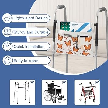 TOGETRUE Walker Bag, Easy Access Walker Storage Basket with 2 Large Pockets, Walker Accessories Bag for Folding Walker, Wheelchairs, Strollers, 13x14.5 (Butterfly)