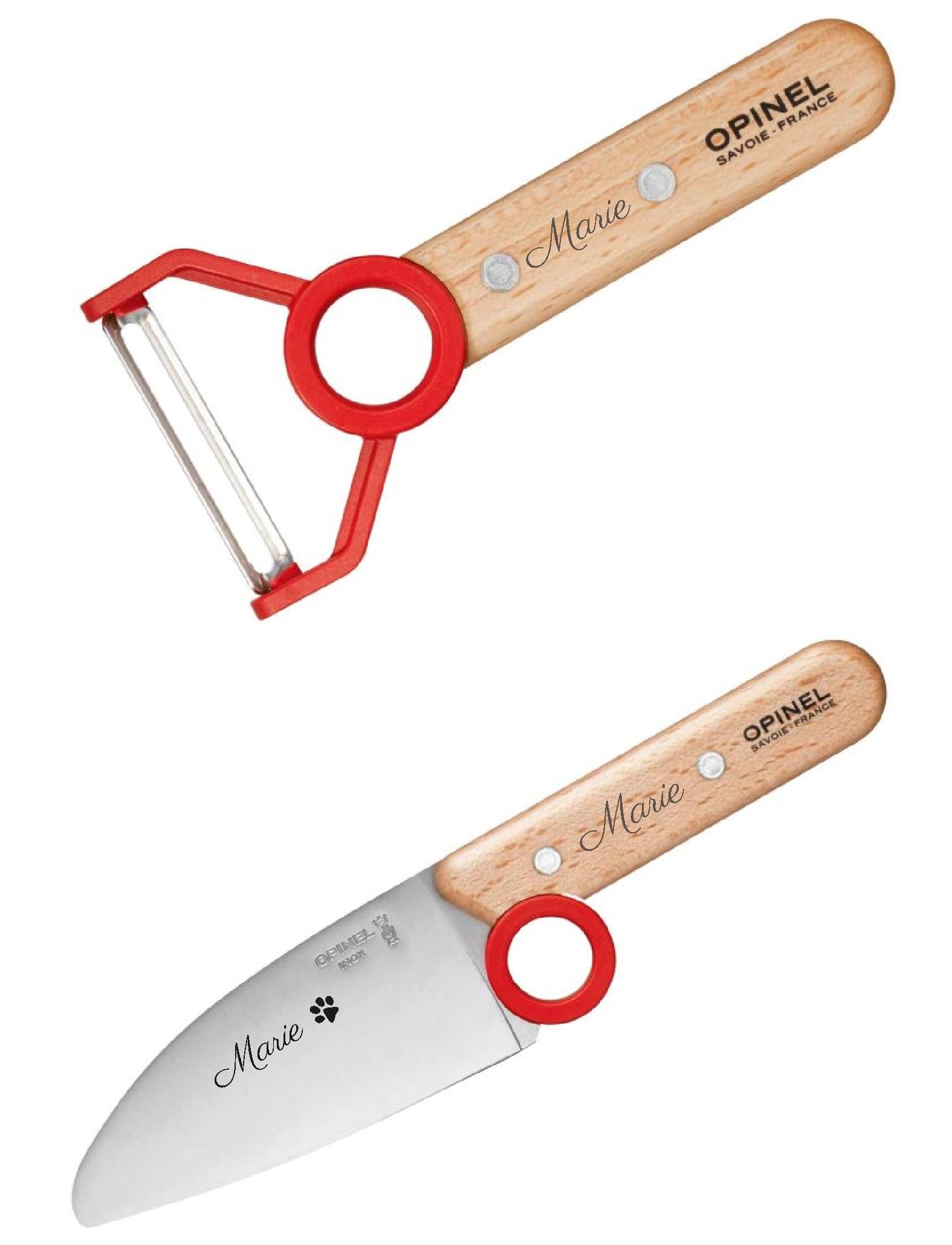 Opinel Le Petit Chef Lot de 3 couteaux de cuisine pour enfant avec manche en bois - Gravure personnelle - Éplucheur - Inoxydable - Protection des doigts - Cadeau (rouge)