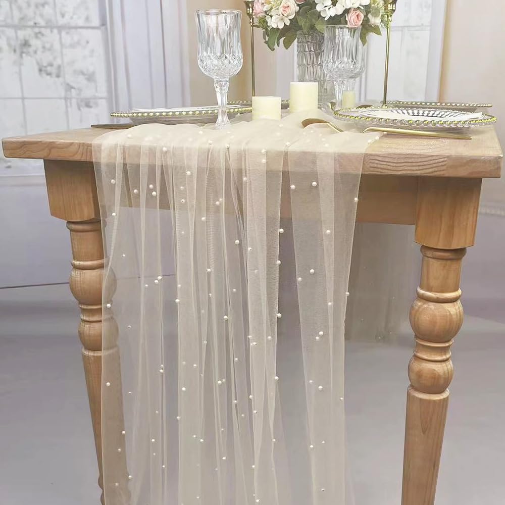 4 Stück 3 m, 152 x 305 cm, Champagnerperlen, eleganter Polyester-Tischläufer mit künstlichen Perlen-Akzenten, extra langer Tüll-Tischläufer für Hochzeit