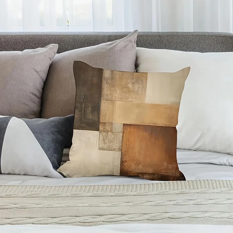 Miniatura 6 de Juego de 2 fundas de almohada decorativas, patrón geométrico marrón abstracto moderno, fundas de almohada de lino de 18 x 18 pulgadas, fundas de