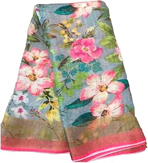 women Digital Print Original Linen With Silver Jari Patta Saree with Digital print running Blouse.