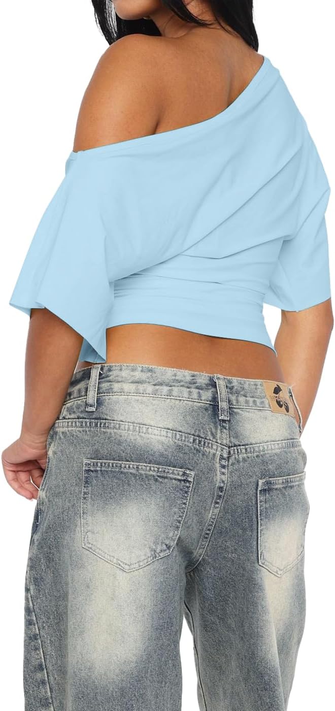 Dressmine Women's Off The Shoulder Side Ruched Crop Tops Summer Short Sleeve Going Out Blouses Y2K T Shirts