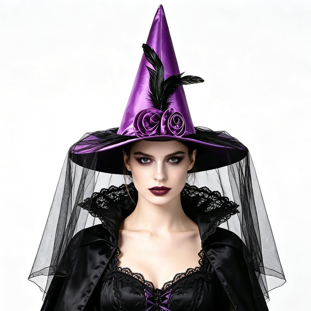 VorPrillynt Halloween Witch Hat, Halloween Witch Hat for Women, Pointed Witch Hat with Veil, Fancy Dress Carnival Accessories for Halloween Costume Party Cosplay - Purple