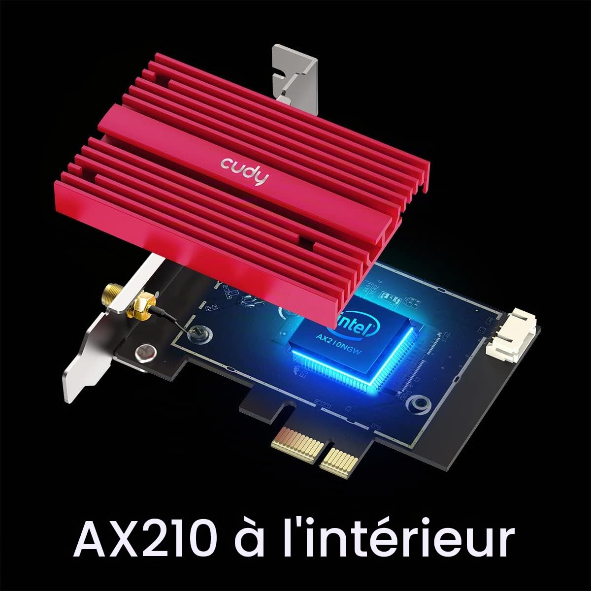Cudy WE4000 AX5400 WiFi 6E Pcie Bluetooth 5.2 Tri-Bande Adaptateur, Wpa3, Mu-Mimo, Dissipateur Thermique, Support Windows 11/10 | Clé PCI-Express WiFi 6E BT 5.3, 2 402 574 Mbps, 6 GHz, dissipateur thermique, Intel AX210, A2DP/HFP/HSP, BLE classique bimode