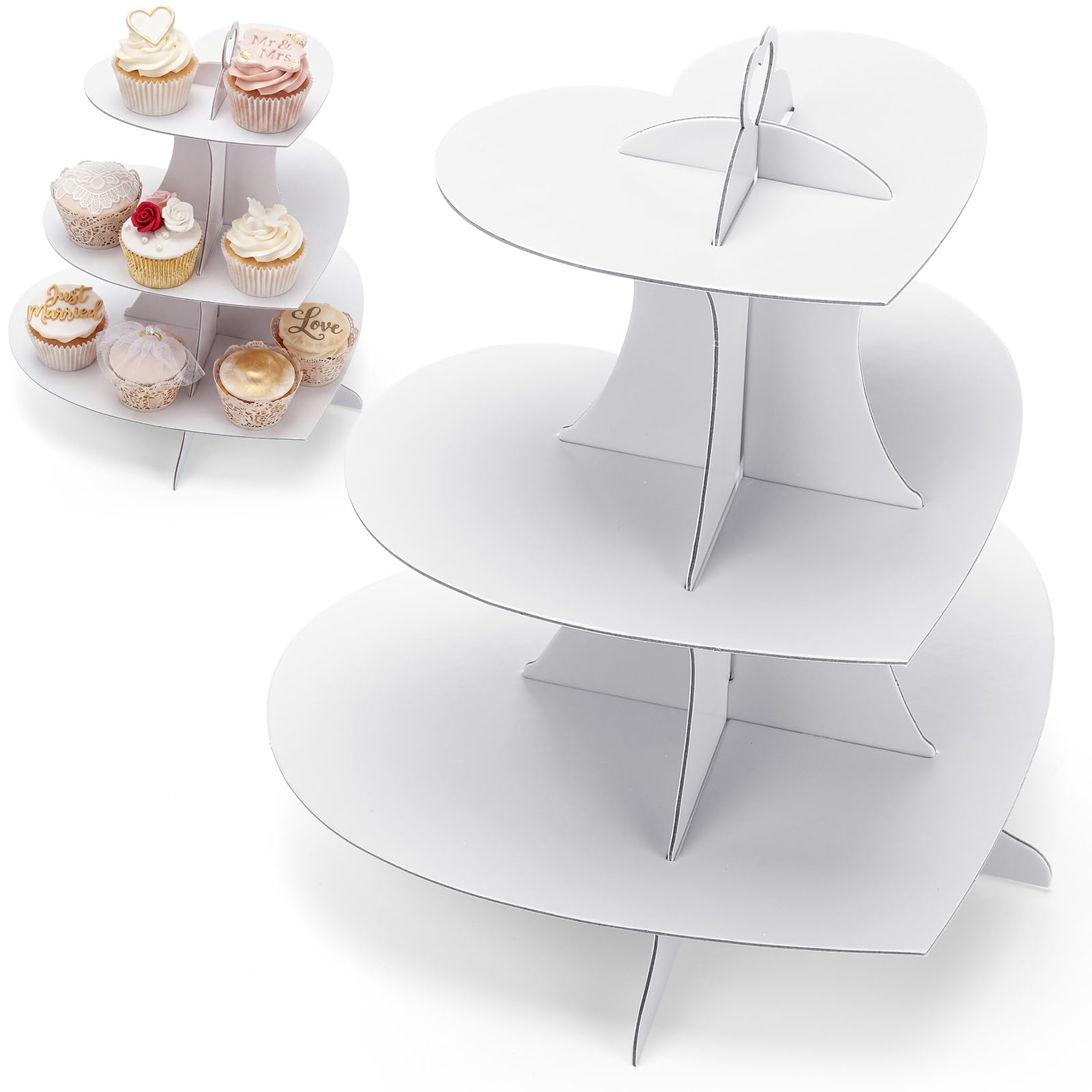 Willinglong 3 Tier Cardboard Cupcake Stand White Heart Cupcake Stands