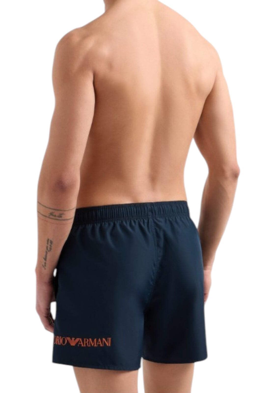 EA7 Emporio Armani - Costume da bagno da uomo, blu navy con logo arancione, coulisse in vita