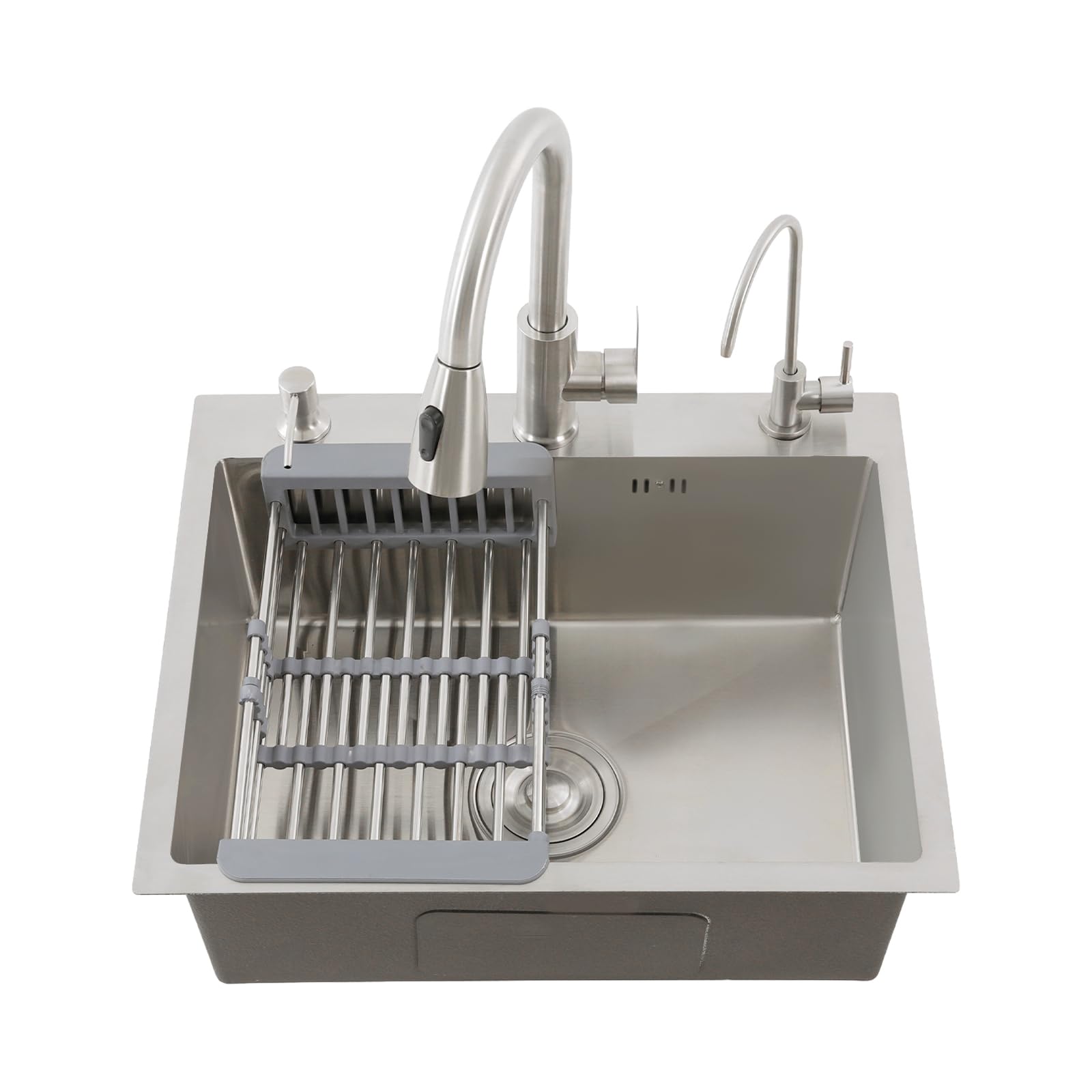 Fregadero Cocina Acero Inoxidable con Grifo Extraíble, Dispensador de Jabón y Escurridor, Fregaderos de un Seno, 55x45x20cm, Incrustado/A ras de la Encimera/Sobre la Encimera (Plata)