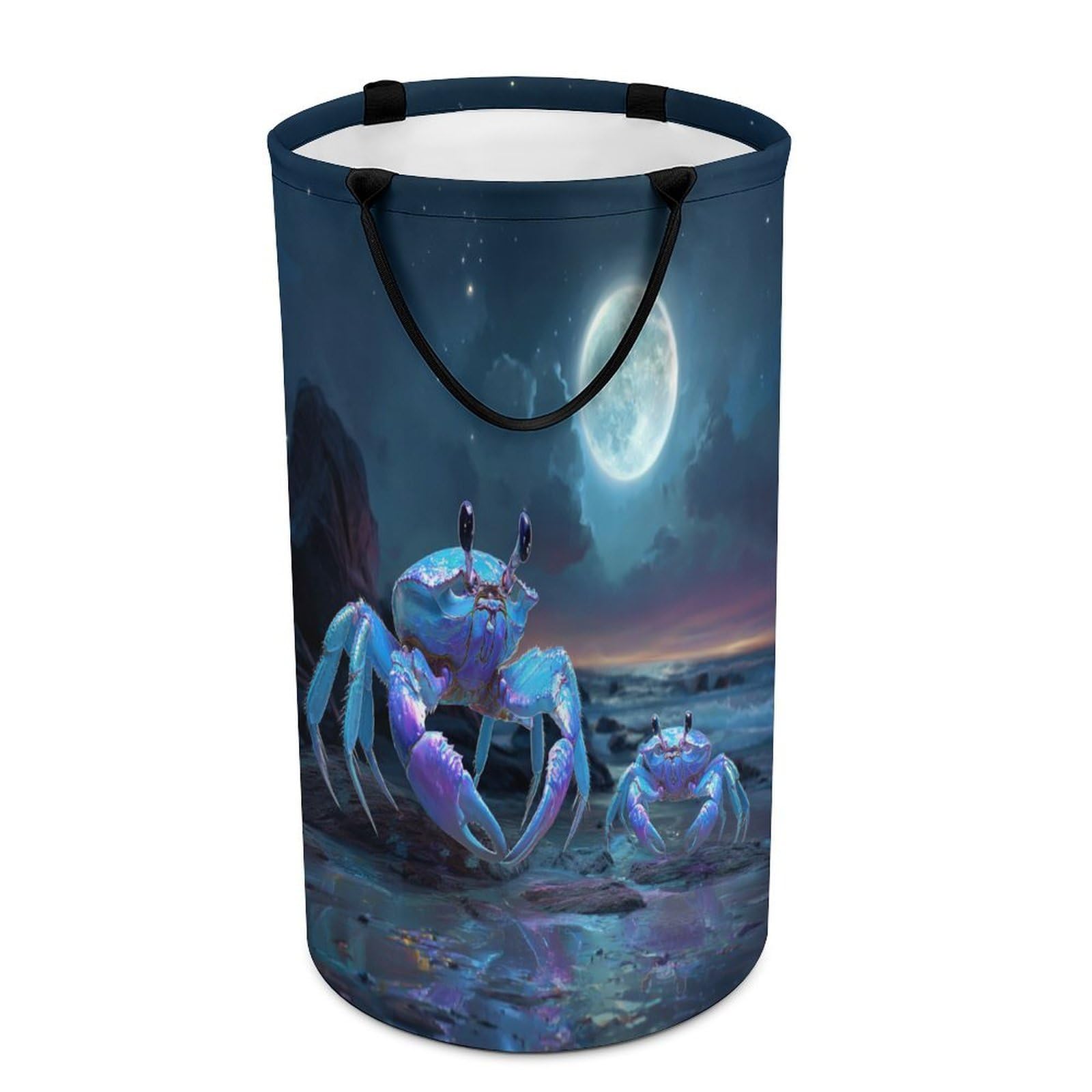 LUYYSKY Cute Classic Animal Crab Versatile Storage Laundry Basket, Retro Realistic Full Moon Galaxy Seaside Beach Sea Life Crab Large Bathroom Laundry Hamper With Handle-40 CM Dia, 69 CM High