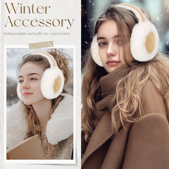 Image of Alexvyan Foldable Beige Dual Color Winter Ear Muffs Ear Warmers for Girls Boys Warm Earmuffs Soft Fur Cold Protection Earband Ear Protection Winter Women & Men - Outdoor Running Cycling Bike