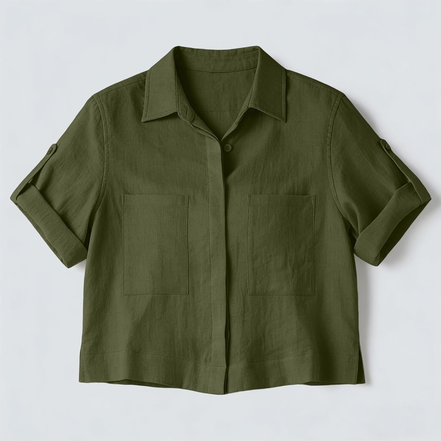 Womens Summer Tops Cotton Linen Crop Blouses Roll Up Short Sleeve Button Down Gauze Shirts Loose Trendy Clothes