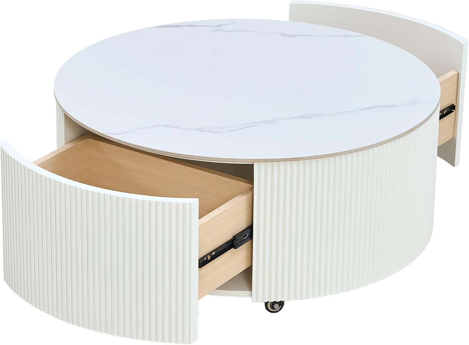 Modern Coffee Table Round with 2 Drawers for Living Room Stone Sintered Mid Century Center Tea Cocktail Drum Marble Pattern Tabletop Minimalist Storage Apartment Office 29.5" White