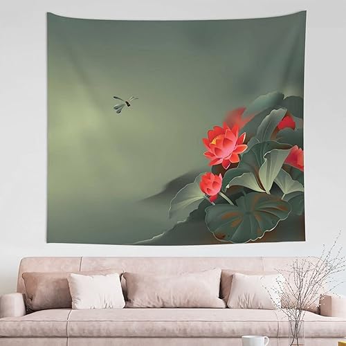 PSVOD Tapiz decorativo de flores de loto y libélula de 60 x 51 pulgadas, decoración de pared para sala de estar y dormitorio