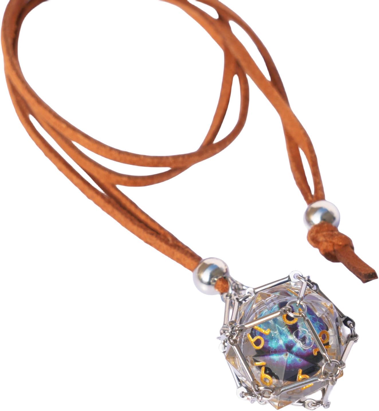 DND D20 Dice Removable D20 with Leather Chain & Solid Steel Cage for RPG Dungeons and Dragons Dice