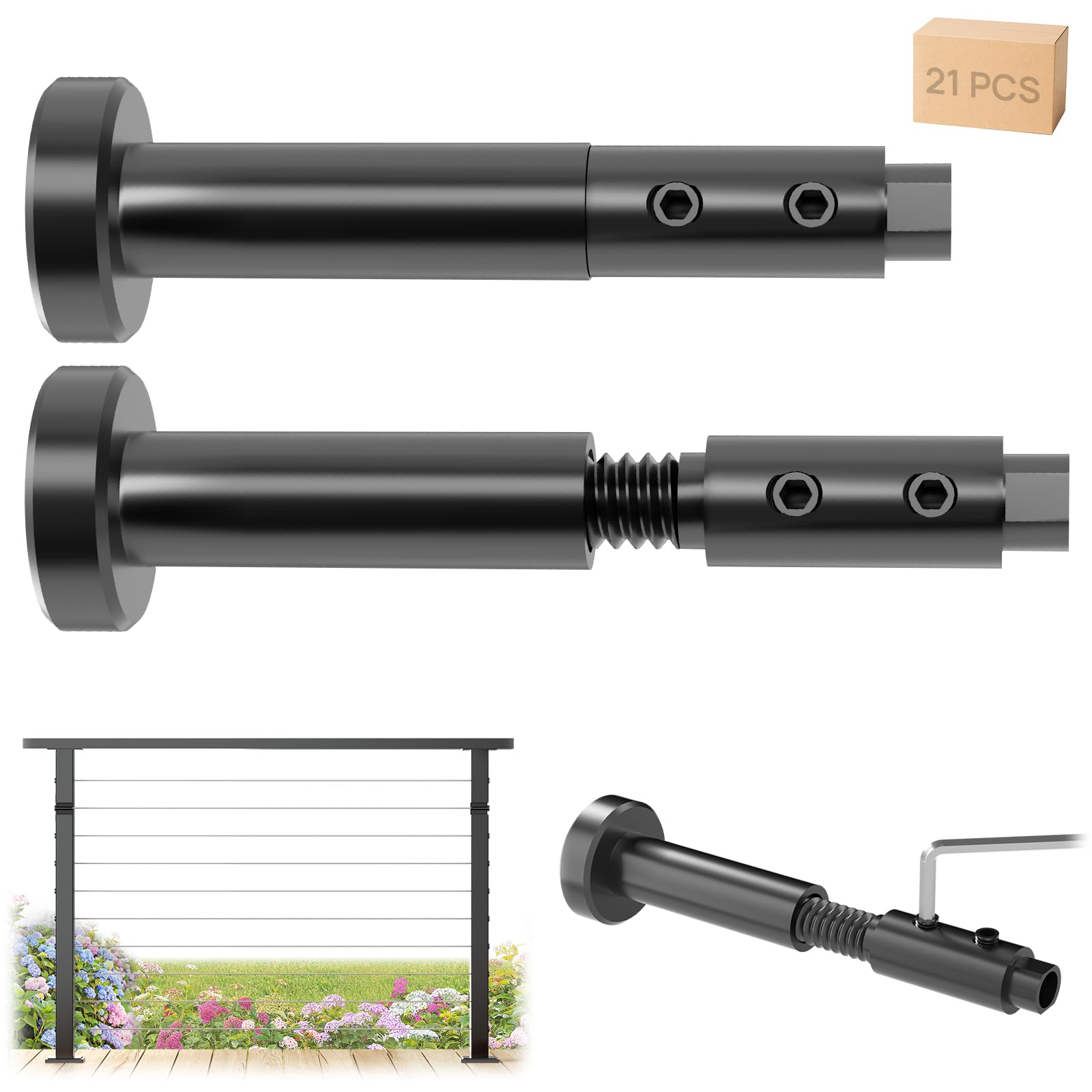 Photo 1 of [Patent] Gyykzz 21Pack Black Swageless Invisible Cable Railing Kit, T316 Stainless Steel Reusable Fitting for 1/8" Cable, Screw-Locking Hardware No Crimping Required, Fit for 2"x2" Metal Railing Post