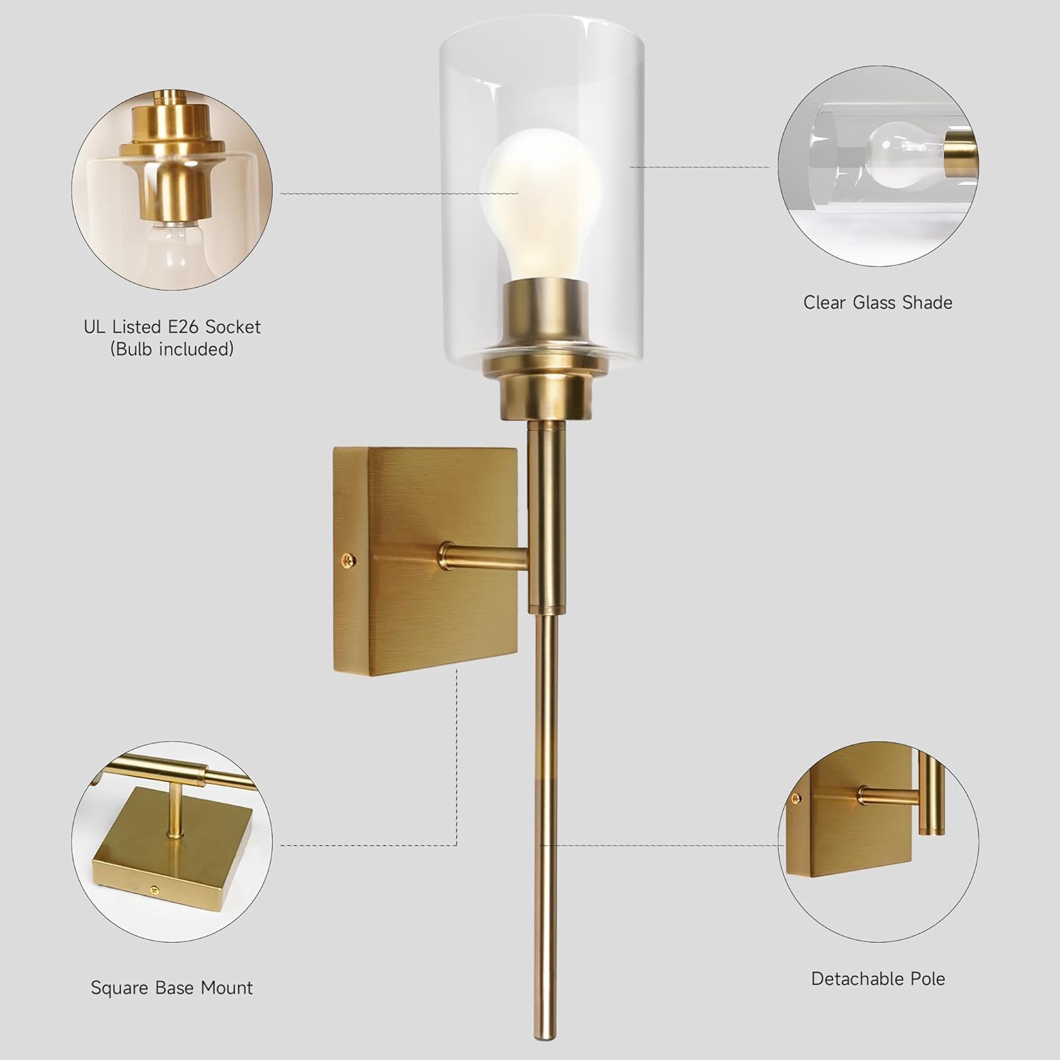 AUGE LIGHT Gold Wall Light, Brushed Bathroom Vanity Light with Clear Glass Shade, Bathroom Sconces for Bedroom Mirror Living Room Hallway, E26 CRI90 Bulb Inclued