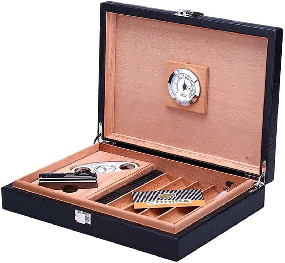Portable Travel Cedar Wood Lining Leather Compact Cigarette Case with Humidifier and Hygrometerwith Decorative Box