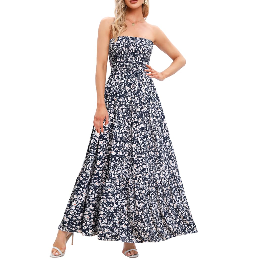 Women's Casual Off Shoulder Maxi Dress Strapless Tube Top Bohemian Beach Long Dresses 092