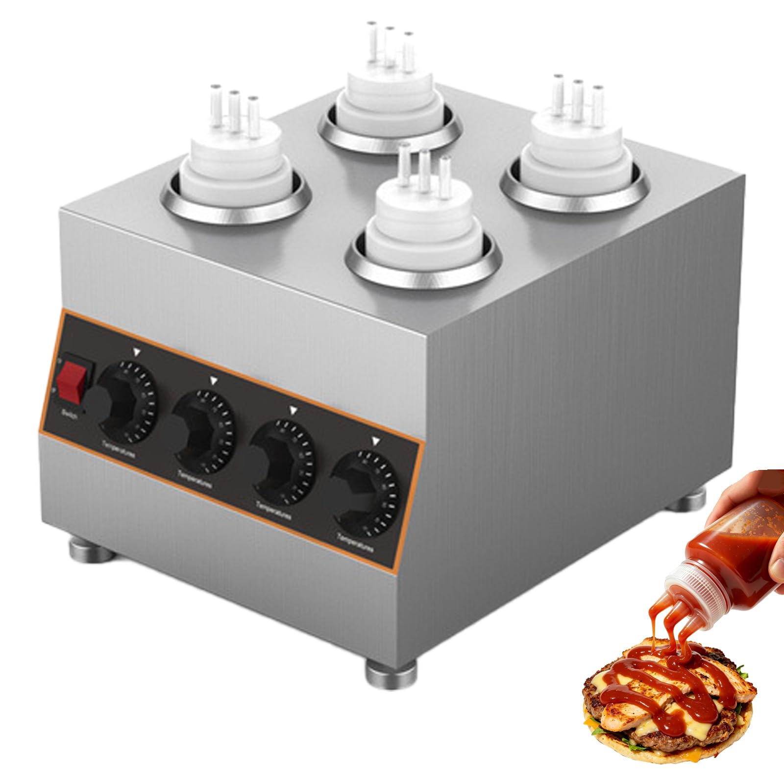 Scalda Salse Professionale, Scaldabottiglie Elettrico A Pressione Da 640 W Con 4 Flaconi A Pressione, Temperatura Regolabile Da 30 A 85 °c, Dispenser Per Marmellate E Cioccolato In Acciaio Inossidabil