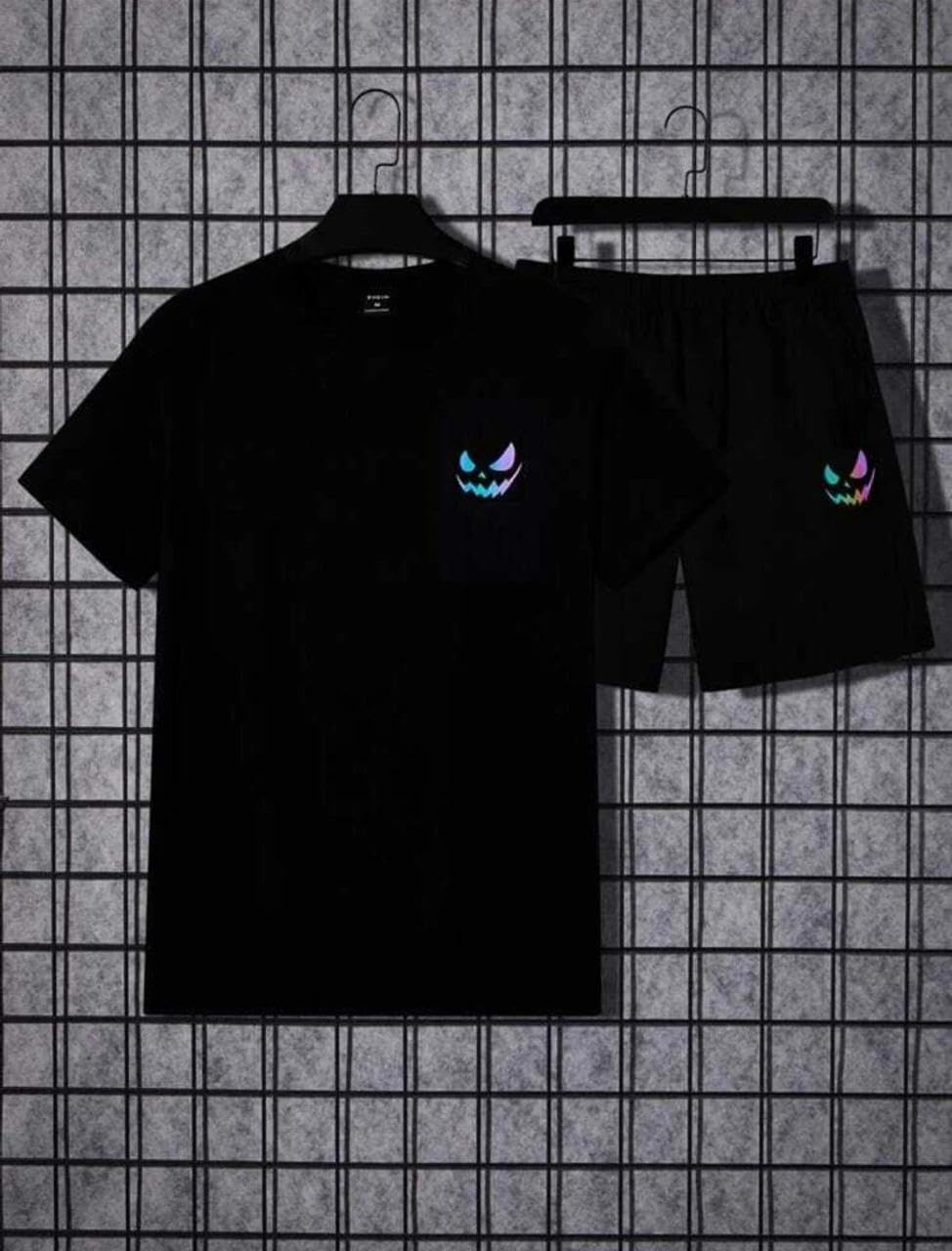 CENCY Men’s Tracksuit Co-Ord Set Black Oversized T-Shirt & Shorts with Graphic Print | Comfortable Cotton Blend Lounge Set for Men | Stylish Gym Sports Outfit Size L Theam Face Graphic 2