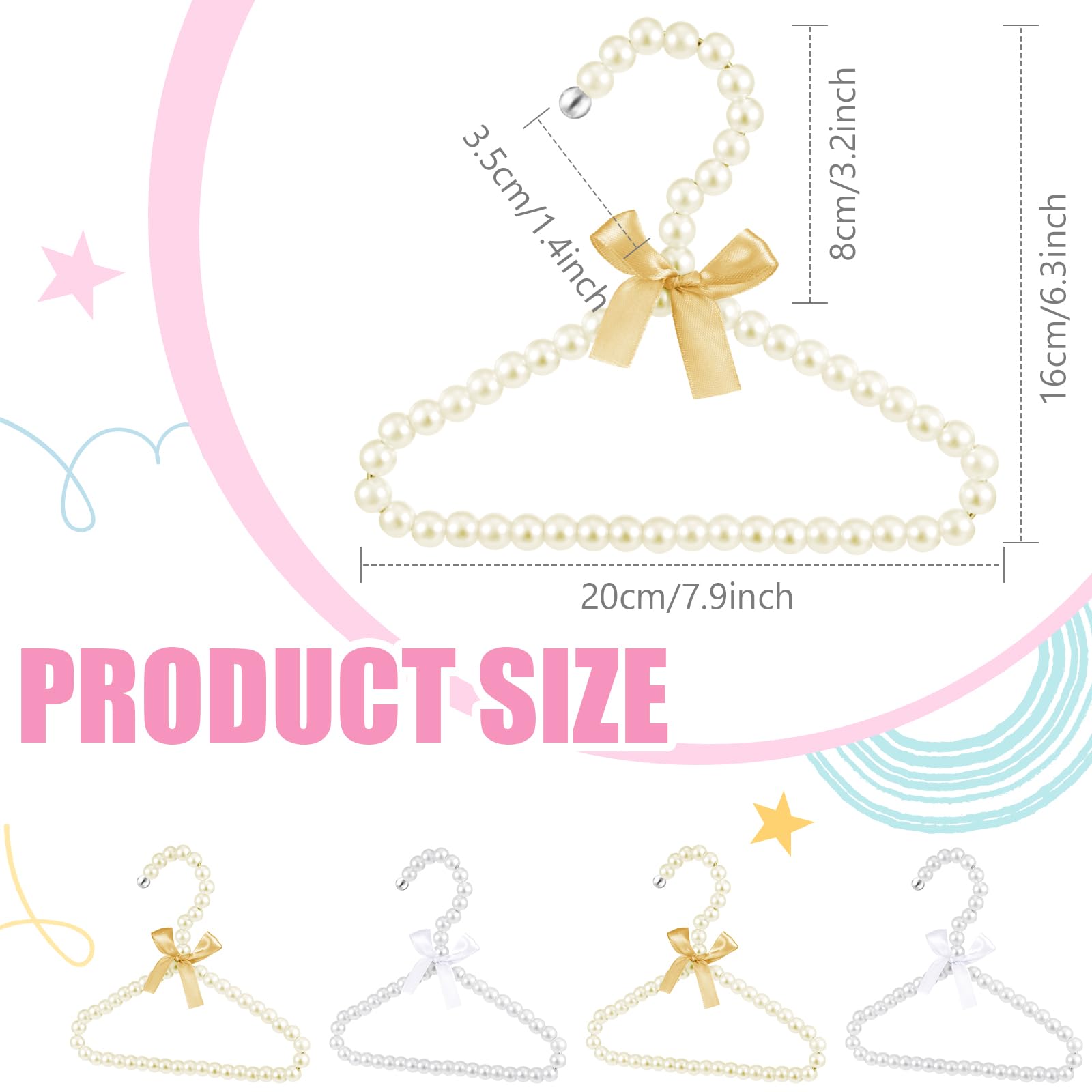 Wesiti 25 Pcs Small Pearl Hanger Mini Pearl Clothes Hangers Baby Pearl Clothes Beads Hangers Metal Elegant Hangers with Ribbon for Kids Pet Dog Cat(White, Gold, 10 Pcs)