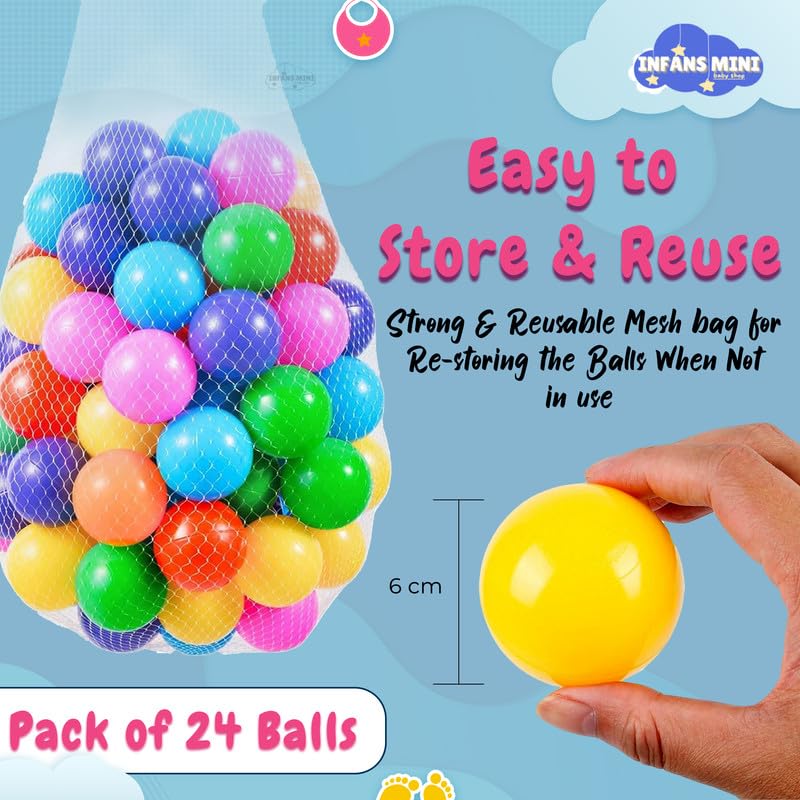 Infans Mini 6cm Kids Soft Plastic Balls for Pool Pit & Ocean Without Sharp Edges and Non-Toxic Plastics for Toddler Baby Play Tents & Tunnels Indoor (Multicolour, Pack of 24) 2