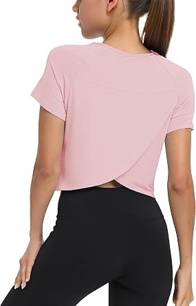 CharmWM Girls Summer Workout Crop Tops Cropped Split Back Athletic Gym Exercise Short Sleeve Basic T Shirts 3-14 Years