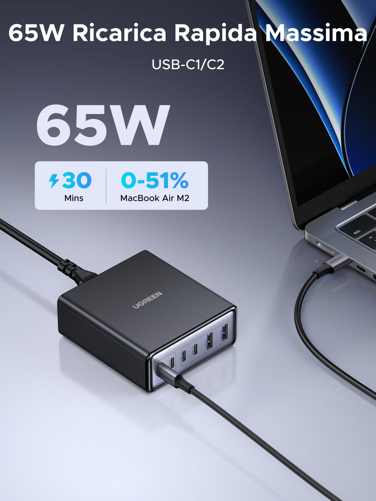 UGREEN Zapix 100W Caricatore USB C, Ricarica Rapida con 6 porte,Stazione di Ricarica da scrivania GaN Compatibile con MacBook Pro/Air, iPhone 17 Pro Max Air/Serie 16-12, Galaxy e Dell