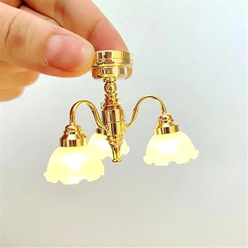 1/12 Scale Three Head Ceiling Lamp Miniature Dollhouses Chandelier Lamp for Living Room Display Landscape Accessories Miniature Scene Lighting
