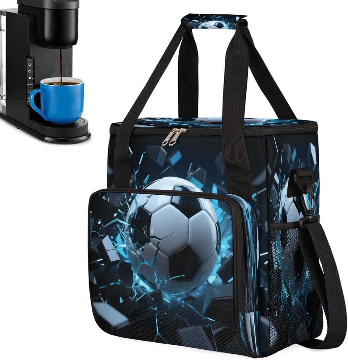Broken Soccer Portable Coffee Maker Carrying Bag Compatible with Keurig K-Mini or K-Mini Plus - Travel Storage Tote with K-Cup Pod Pockets for Single Serve Coffee Brewer