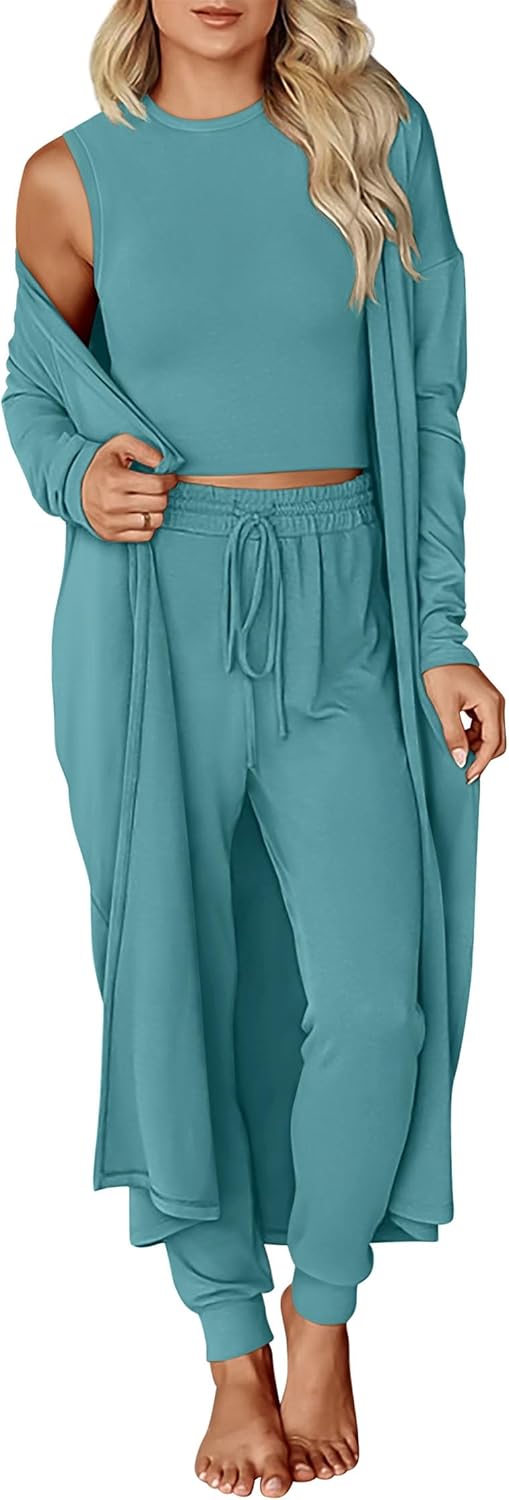 KIRUNDO 3 Piece Lounge Sets for Women Airport Travel Vacation Outfits 2025 Fall Cardigan Matching Sleeveless Top Jogger Pants