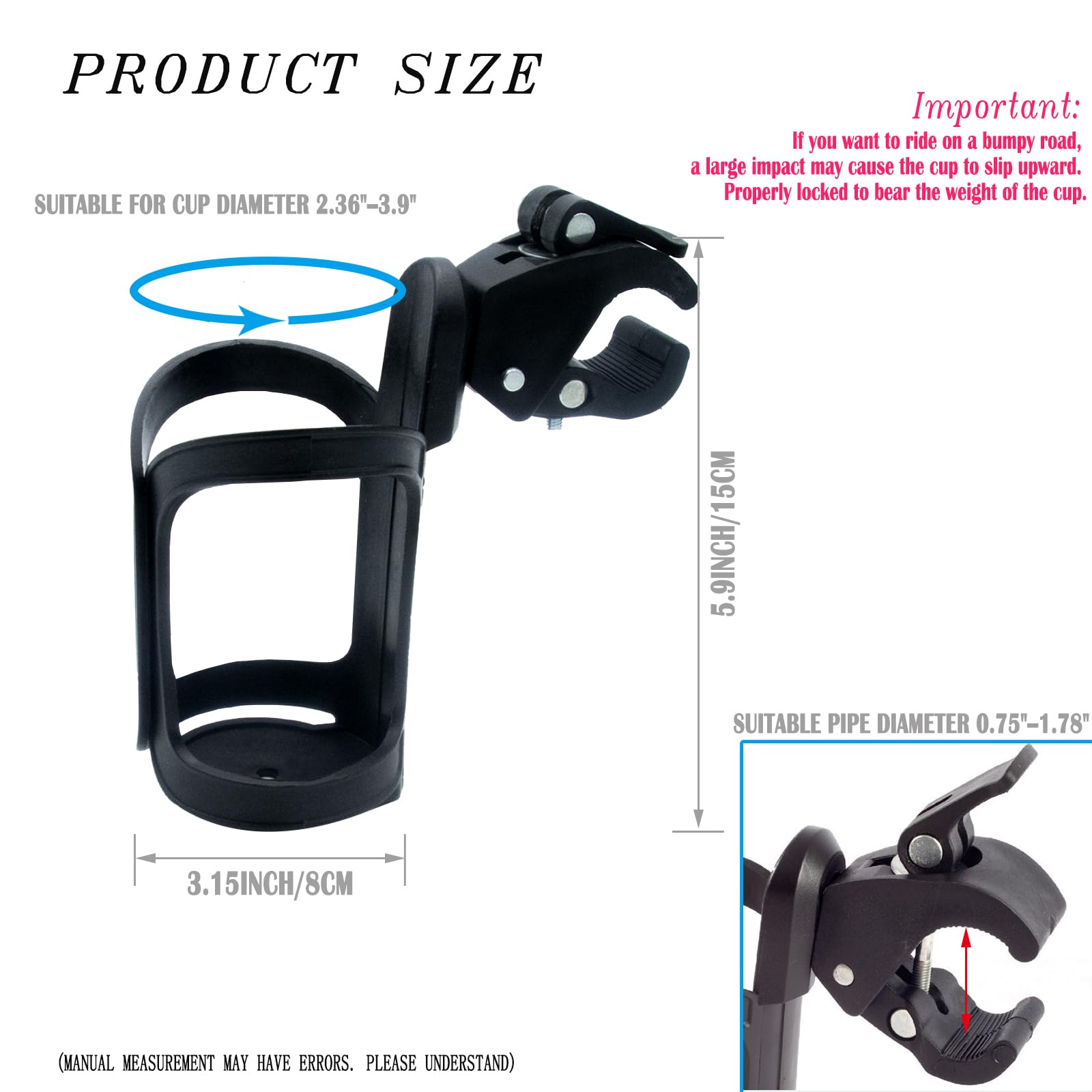 NCGDPZY Universal Bike Cup Holder, 2-Pack 360° Rotatable Large Caliber Design Cup Holder for Bike, Stroller, Wheelchair, Walker & Scooter, High-Strength Nylon, One-Click Lock System, Black