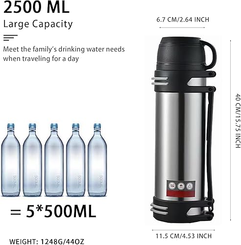 Miniatura 8 de Botella aislada al vacío de 2.5L con asa, jarra de agua aislada de acero inoxidable con correa, mantiene el calor o el frío las 24 horas, termo de