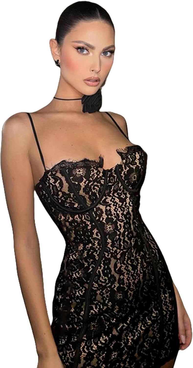AIBEARTY Women's Floral Lace Spaghetti Strap Mini Dress Sexy Push Up Sheer Cami Bodycon Party Club Cocktail Dresses - Image 2