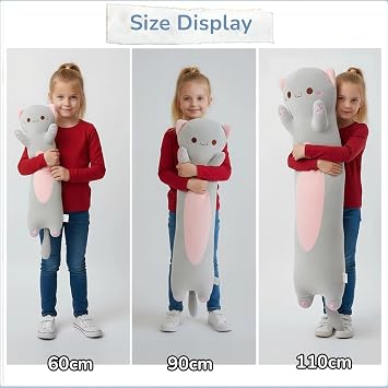 Cat Plush, Soft Long Cat Plush Pillow, Cute Kitten Plushies Toy Stuffed Animal Kitty Hugging Pillow for Boys Girls Room Decor (Gray, Round Eyes, 60cm/23.62inch)