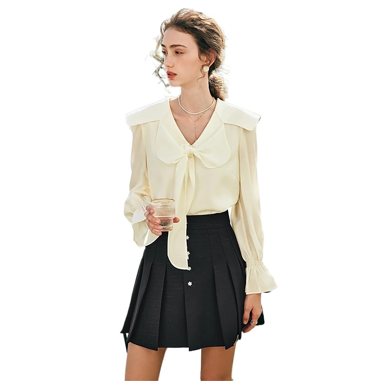 Blusa de Gasa Encaje for Mujer, Camisa Elegante Color Liso con Pajarita, Tops Femeninos Manga Larga Cuello en V para Atuendo Casual Diario