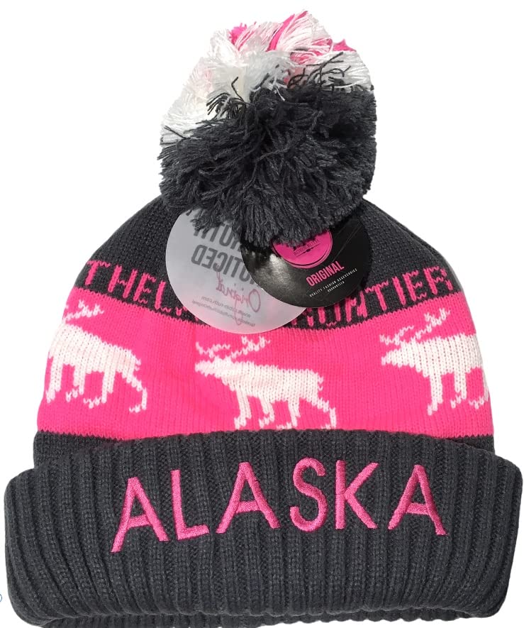 Robin Ruth Quality Alaska Beanie Knit Hat Moose Gray Hot Pink Pom Pom